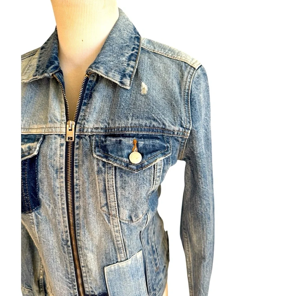 Lucky Brand Patchwork Tommy Trucker Denim Jacket Jean Jacket Zip Front Blue S